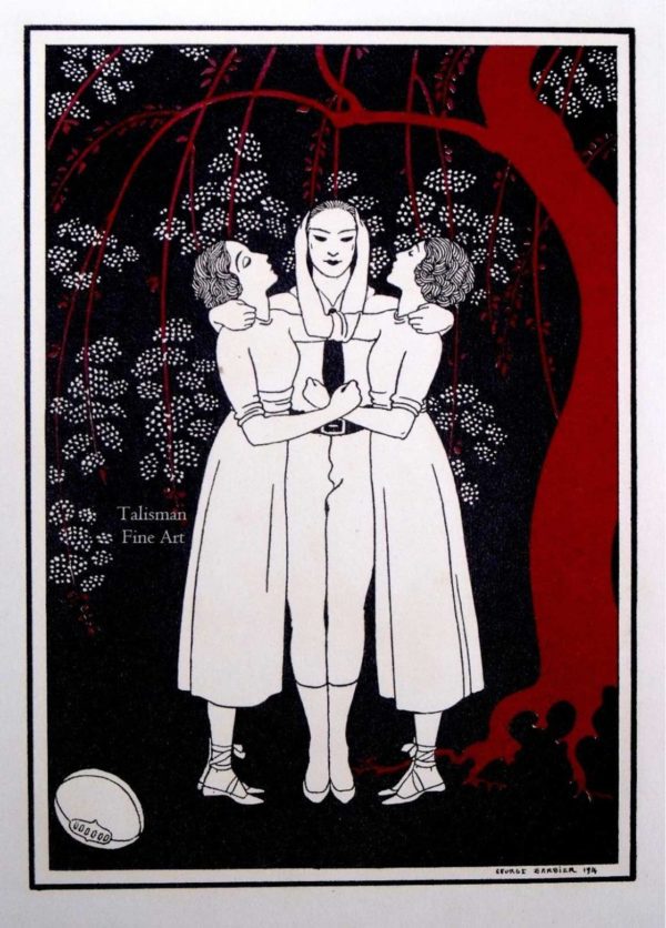 George Barbier Ballets Russes Pochoir of Karsavina, Nijinsky and Schollar in Jeux