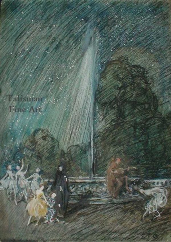 Eleanor Fortescue Brickdale, drawing for sale, Nocturnal Scene by a Fountain with Harlequin & Dancers