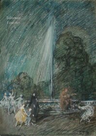Eleanor Fortescue Brickdale, drawing for sale, Nocturnal Scene by a Fountain with Harlequin & Dancers