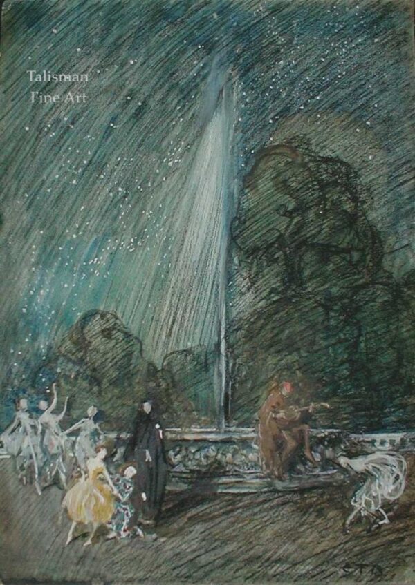 Eleanor Fortescue Brickdale, drawing for sale, Nocturnal Scene by a Fountain with Harlequin & Dancers