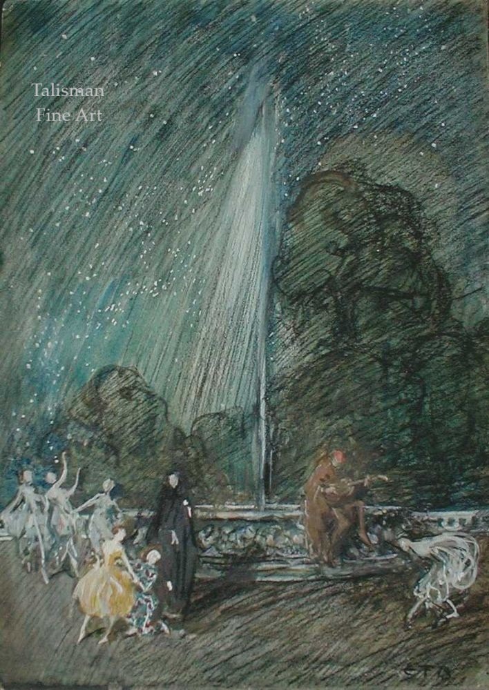 Eleanor Fortescue Brickdale, drawing for sale, Nocturnal Scene by a Fountain with Harlequin & Dancers Eleanor Fortescue Brickdale, drawing for sale, Nocturnal Scene by a Fountain with Harlequin & Dancers