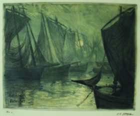 Charles Cottet, Barques de pêche dans le port, or, Les Filets, rayon du soir