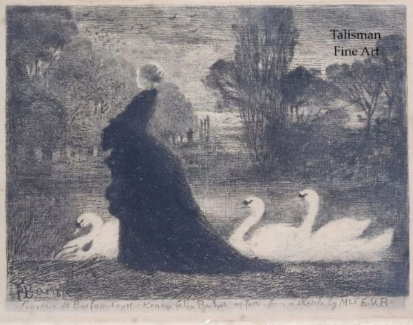 Félix Buhot etching La dame au cygnes